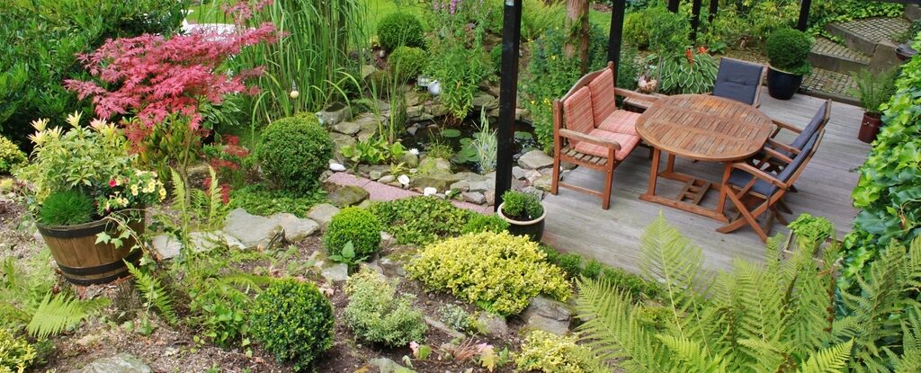 Garden beds with shrubs and flowers