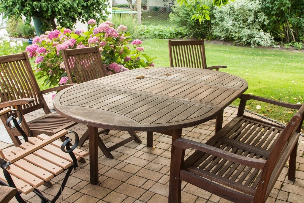 Patio dining set on a paver patio